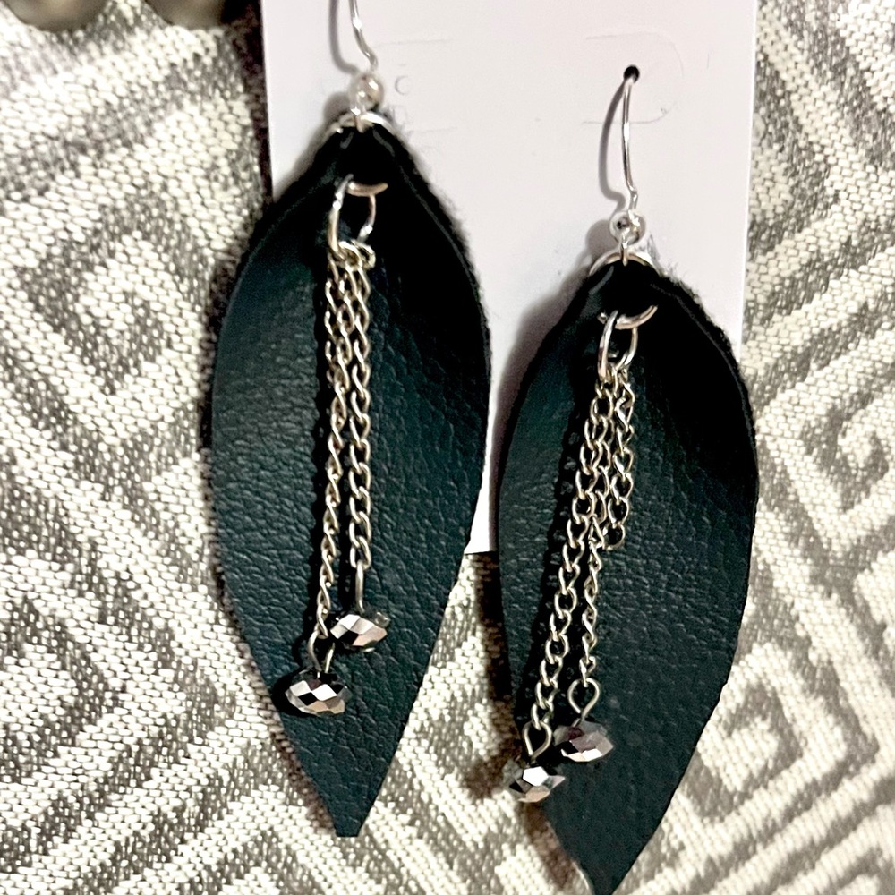 New Hand Crafted Vegan Leather Dk Teal & Silver Accent Earrings. Teardrop Design
